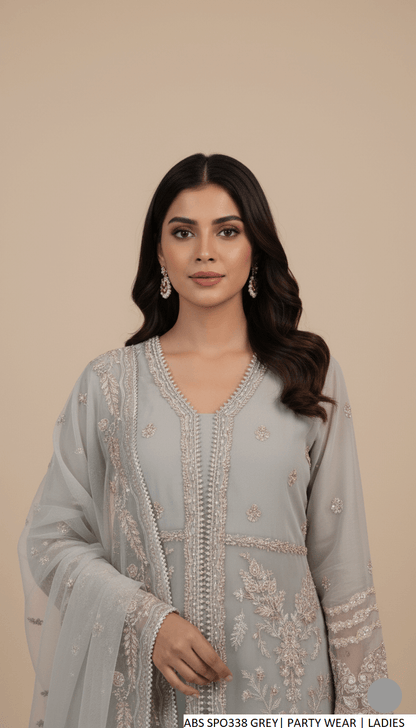 Grey organza Pakistani women's open shirt with plazo side view