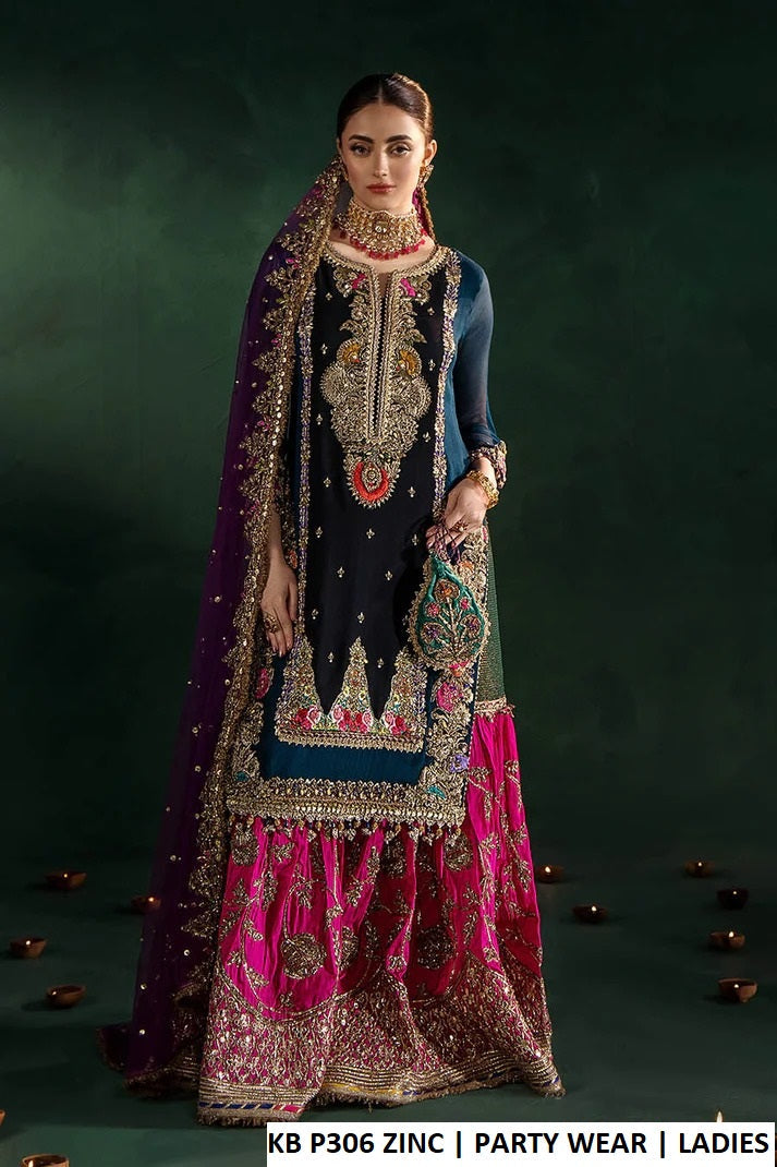 Crinkle chiffon straight shirt sharara zinc grey - Pakistani women's luxury party wear with kattan silk sharara and soft net dupatta front view