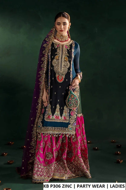 Crinkle chiffon straight shirt sharara zinc grey - Pakistani women's luxury party wear with kattan silk sharara and soft net dupatta front view