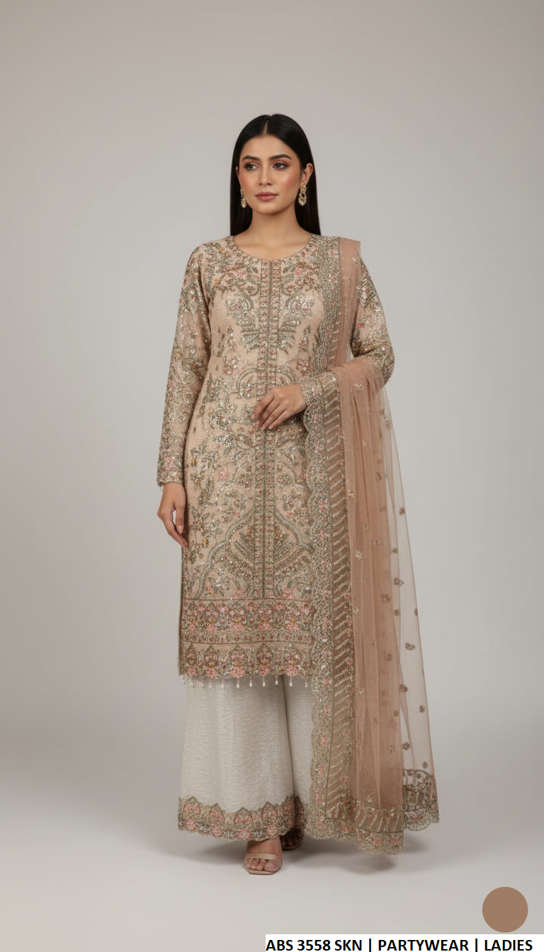 Soft net long shirt plazo skin - Pakistani women's luxury formal wear with masuri trouser and net dupatta front view