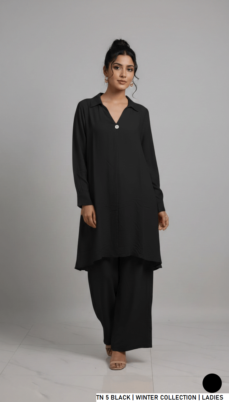 Jacquard short shirt plazo black - Pakistani women's elegant casual outfit front view