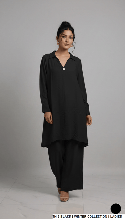 Jacquard short shirt plazo black - Pakistani women's elegant casual outfit front view