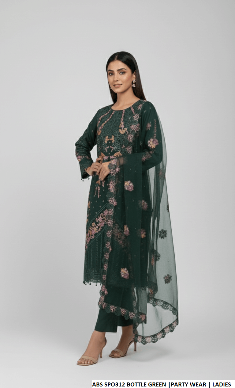 Pakistani women's bottle green chiffon straight shirt plazo back view