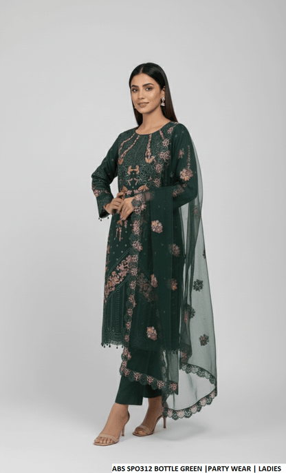 Pakistani women's bottle green chiffon straight shirt plazo back view