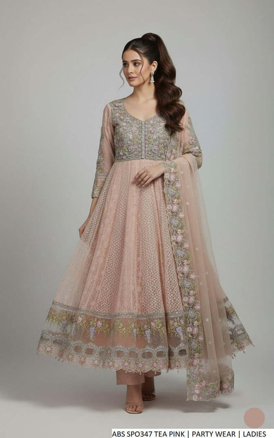 Organza long frock plazo tea pink - Pakistani women's formal party wear with grip plazo and chiffon dupatta front view