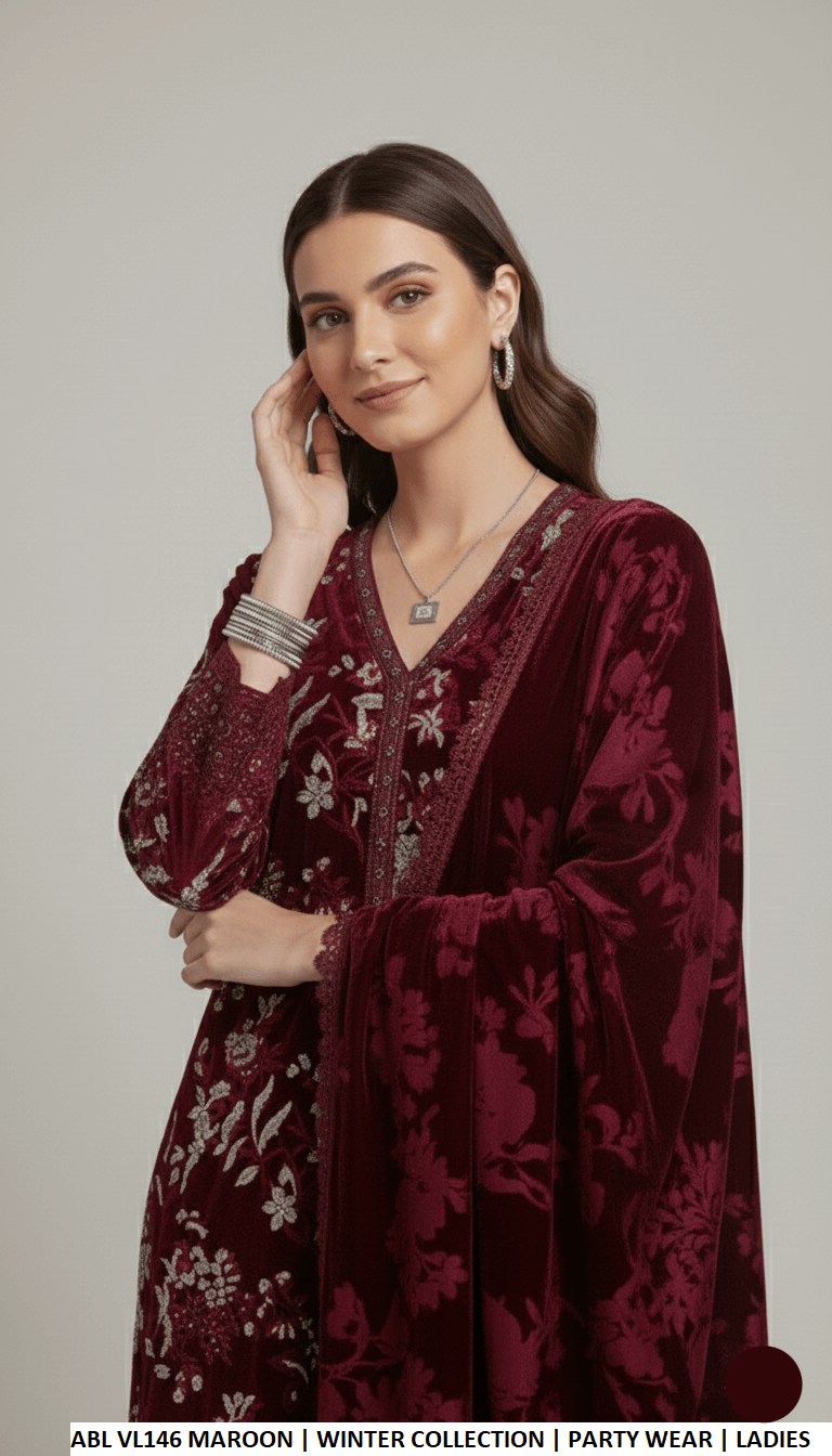 Pakistani women's maroon velvet A-Line shirt detail view