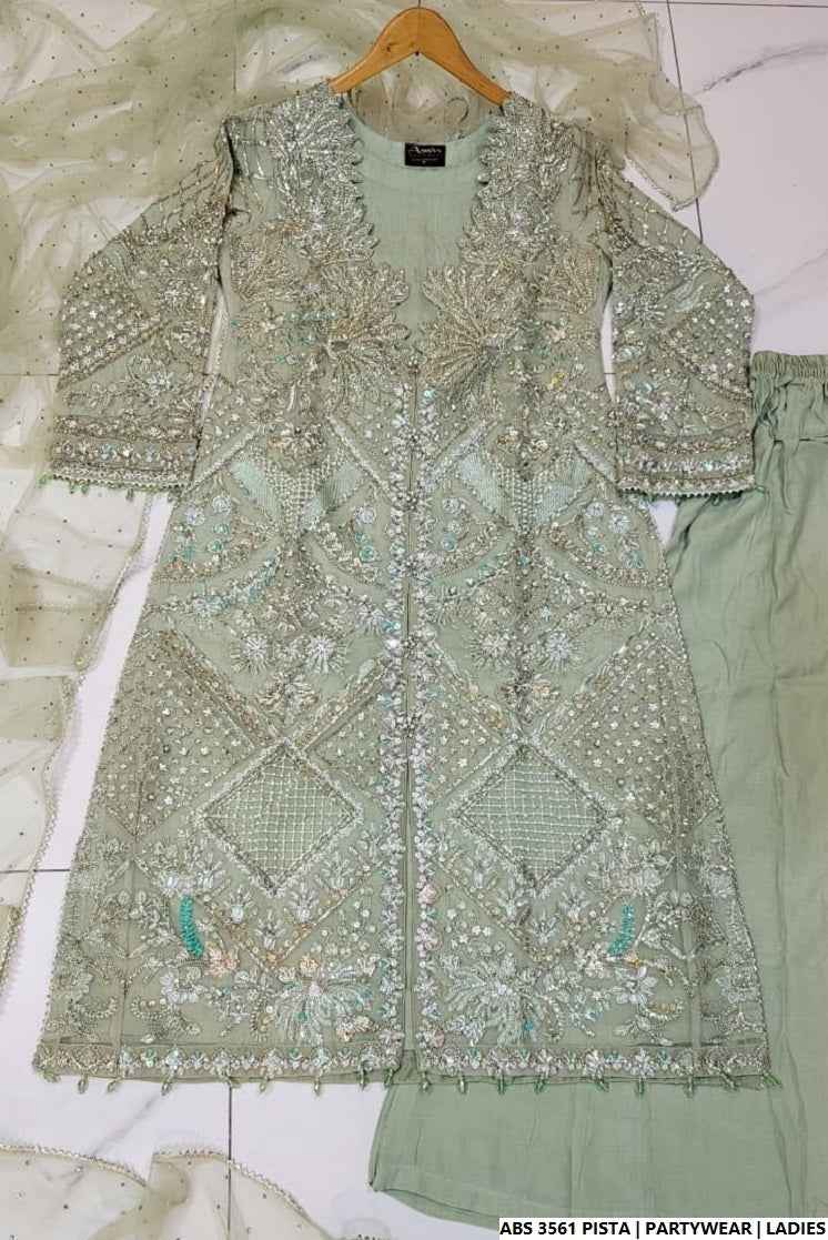 Pakistani women's pista green organza straight shirt full view