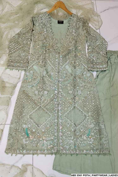 Pakistani women's pista green organza straight shirt full view