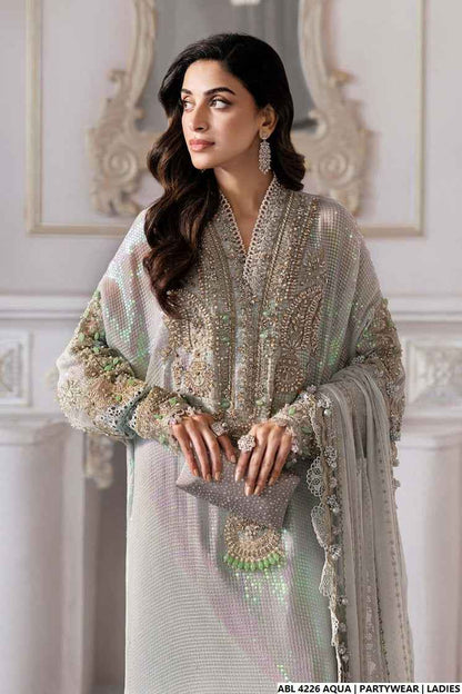 Organza A-Line shirt aqua - Pakistani women's elegant formal wear with viscose trouser and organza dupatta front view