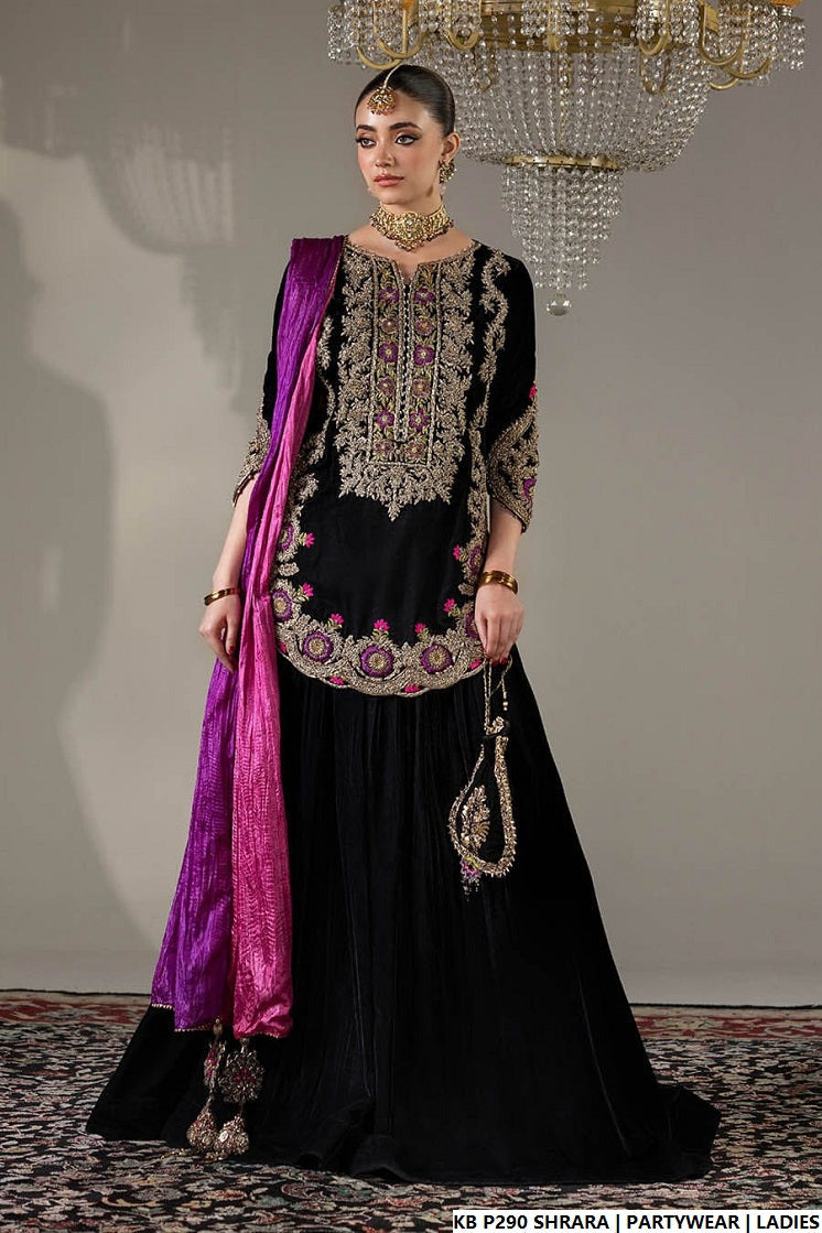 Velvet hand embroidered luxury sharara - Pakistani women's bridal winter formal wear with embroidered dupatta front view