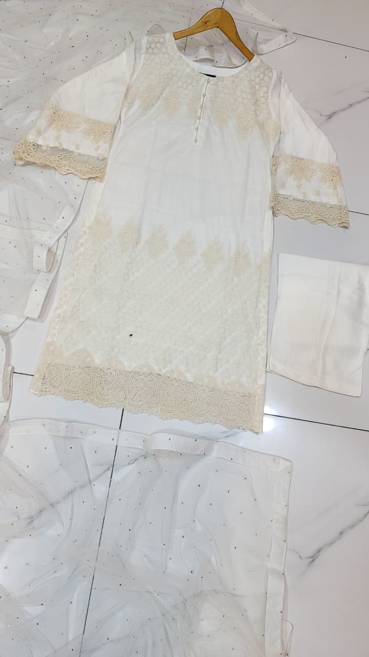 Pakistani women's white lawn A-Line casual outfit back view