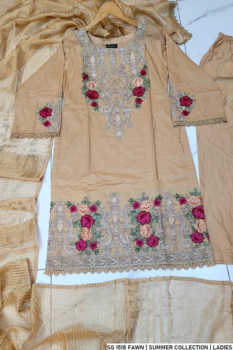 Pakistani women's fawn lawn A-Line casual shirt detail view