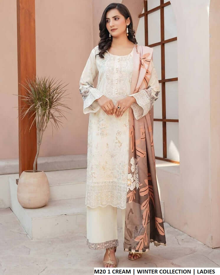 Lawn A-Line shirt cream - Pakistani women's casual summer outfit with cotton trouser and lawn dupatta front view