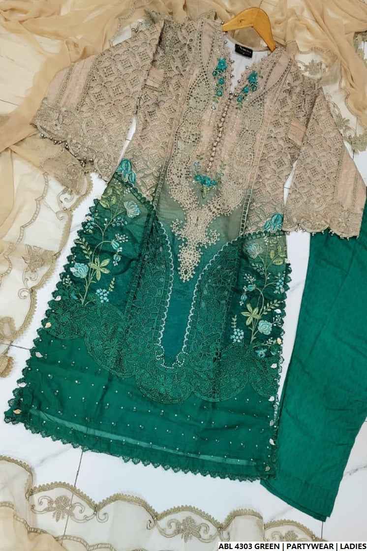 Pakistani women's green organza A-Line shirt back view