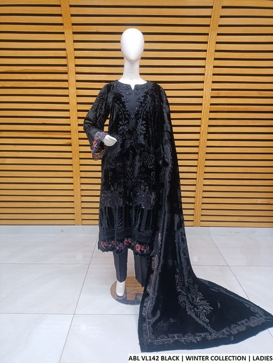 Velvet A-Line shirt black - Pakistani women's winter formal wear with viscose trouser and palachi shawl front view