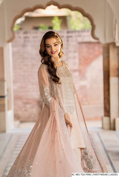 Tea pink silk Pakistani women's long kaftan with plazo side view