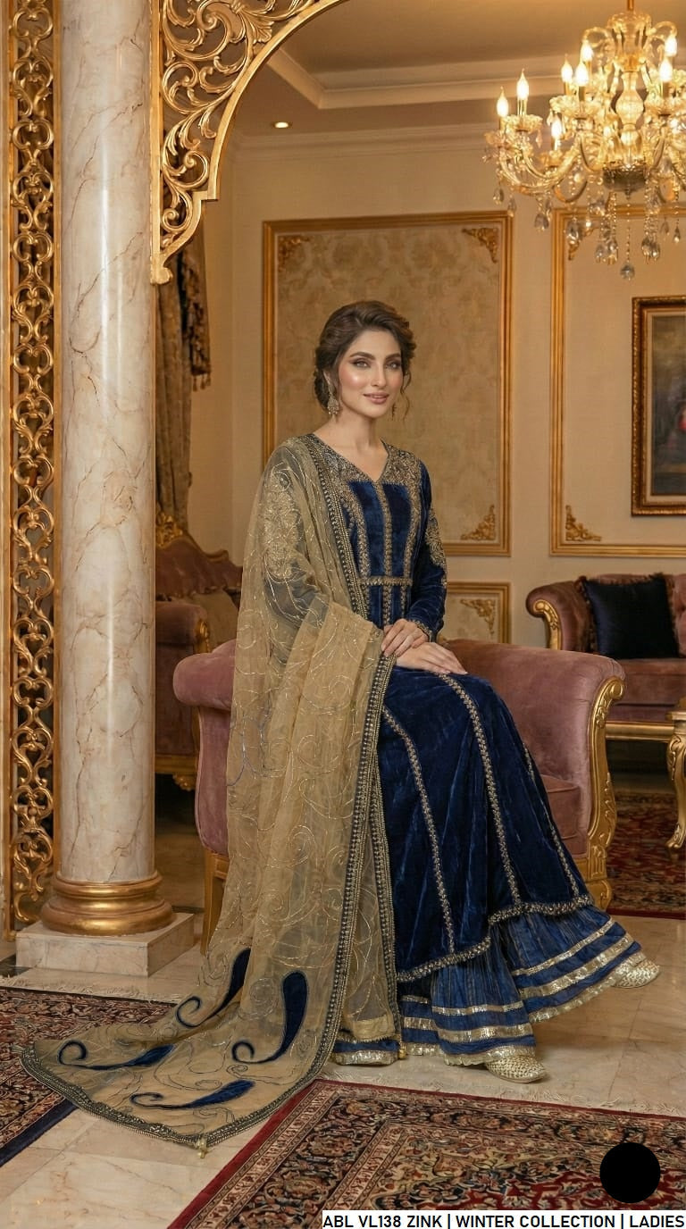 Velvet A-Line shirt zinc grey - Pakistani women's winter formal wear with viscose trouser and palachi shawl front view
