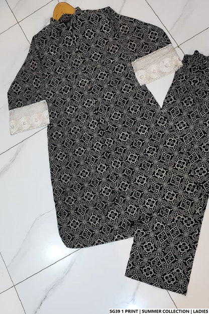 Pakistani women's lawn A-Line printed casual outfit back view