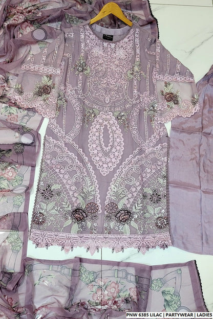 Pakistani women's lilac chiffon straight shirt plazo full view