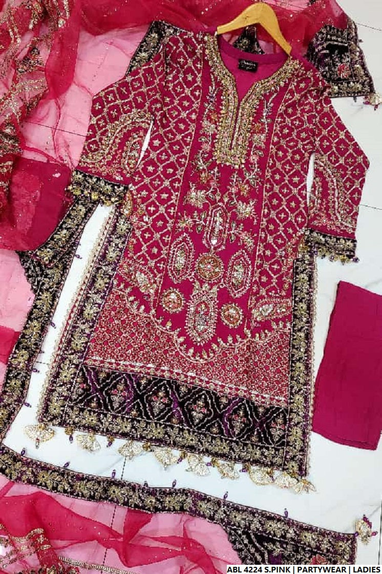 Pakistani women's shocking pink chiffon A-Line shirt back view