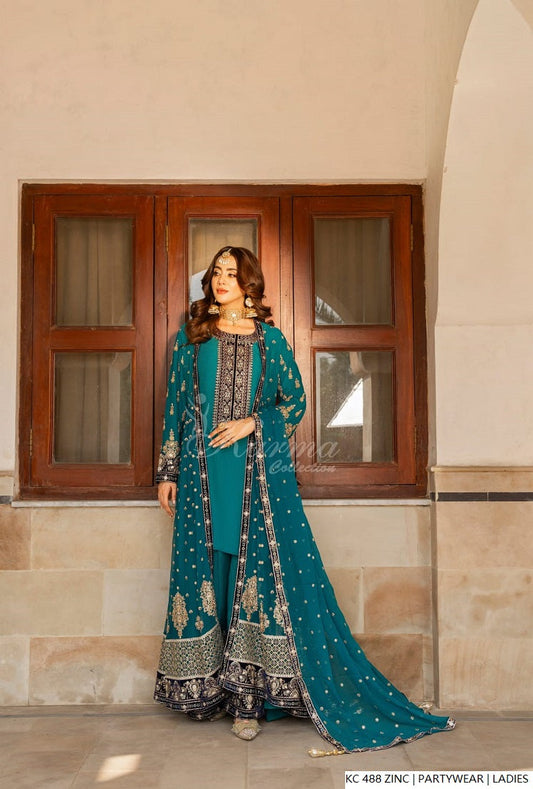 Silk long kaftan plazo zinc grey - Pakistani women's luxury formal wear with silk dupatta front view