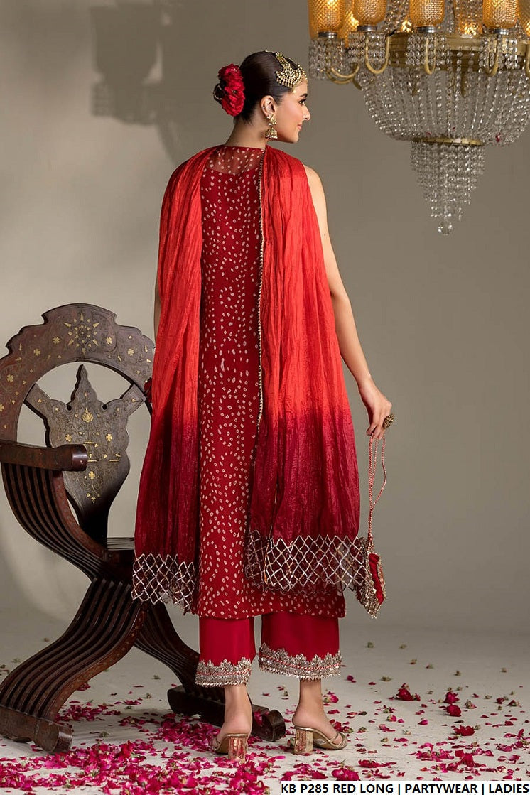 Pakistani women's red hand embroidered luxury long suit back view