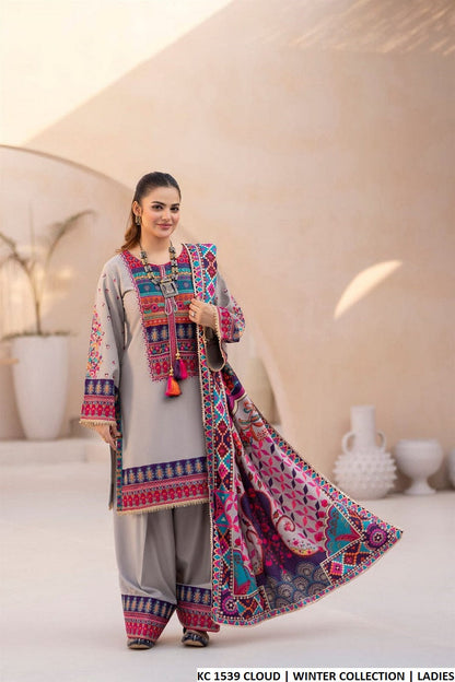 Silk short shirt farshi shalwar cloud white - Pakistani women's traditional formal outfit front view
