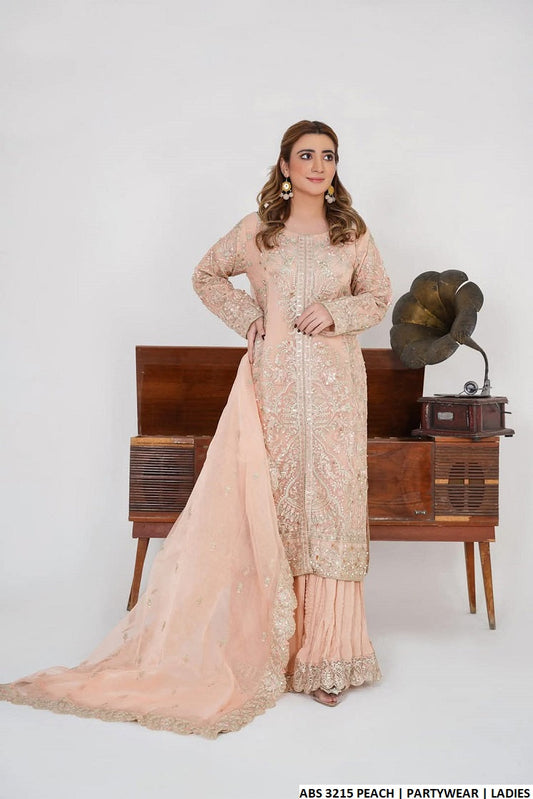 Chiffon open cut shirt ABS 3215 - Pakistani women's party wear with organza dupatta front view