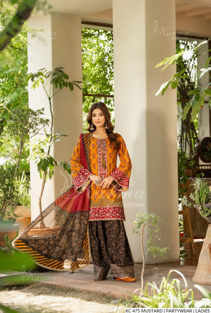 Pakistani women's mustard yellow silk long kaftan back view