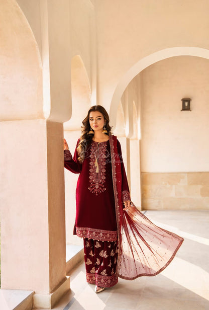 Velvet long kaftan plazo maroon - Pakistani women's luxury winter formal wear with silk dupatta front view