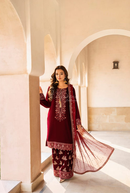 Velvet long kaftan plazo maroon - Pakistani women's luxury winter formal wear with silk dupatta front view
