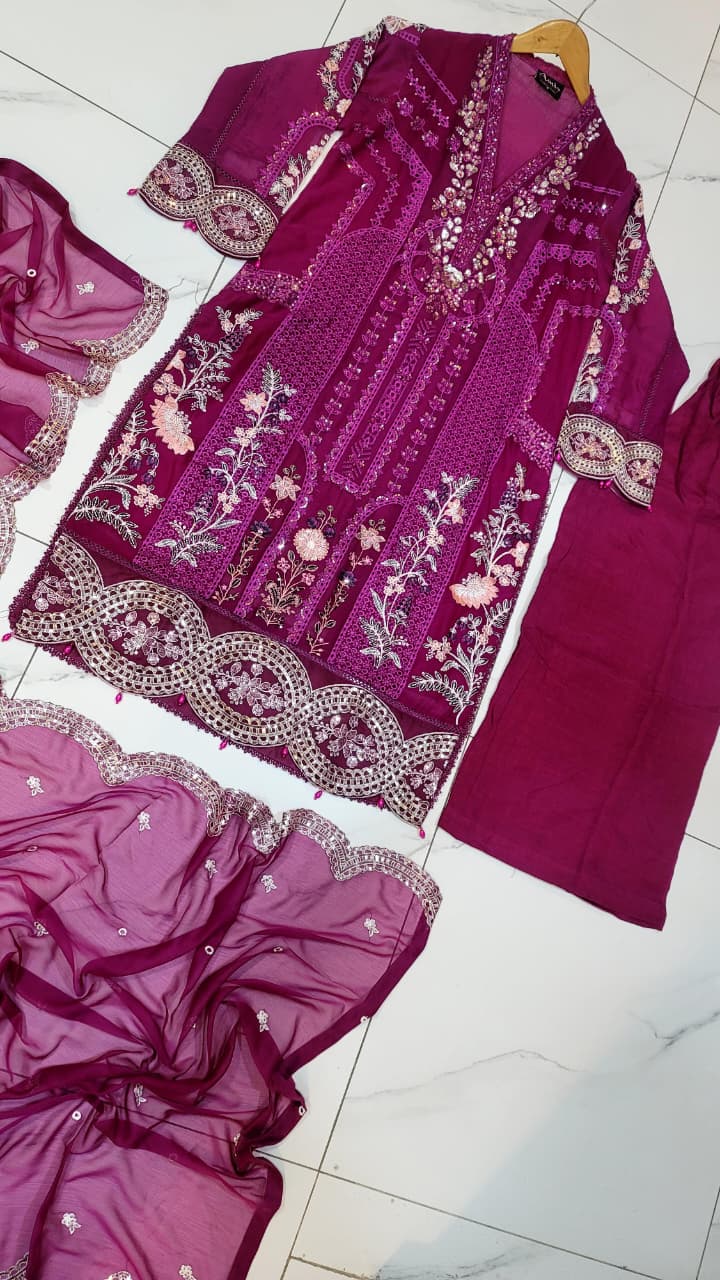 Pakistani women's magenta chiffon straight shirt plazo back view
