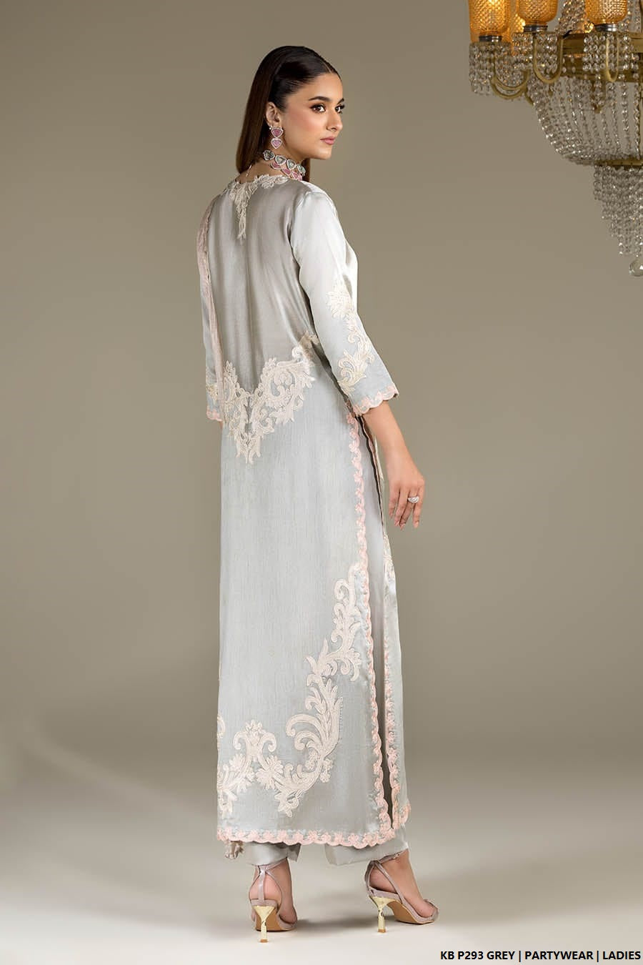 Pakistani women's grey velvet embroidered suit back view