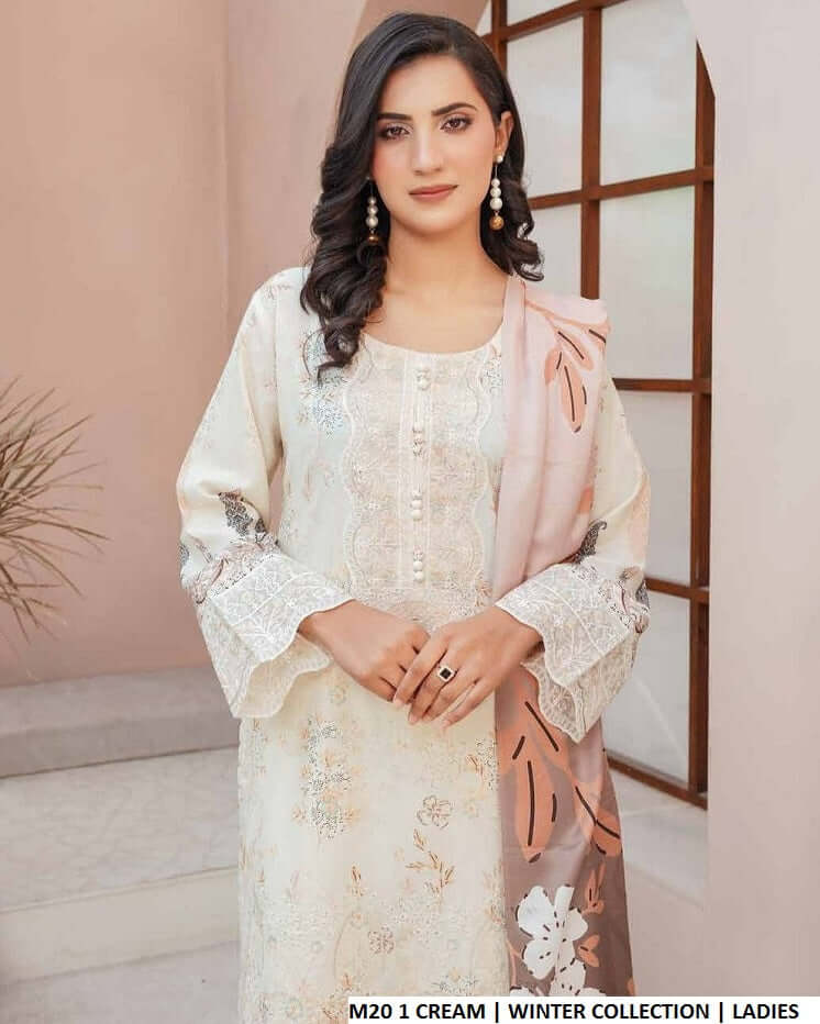 Pakistani women's cream lawn A-Line casual outfit back view