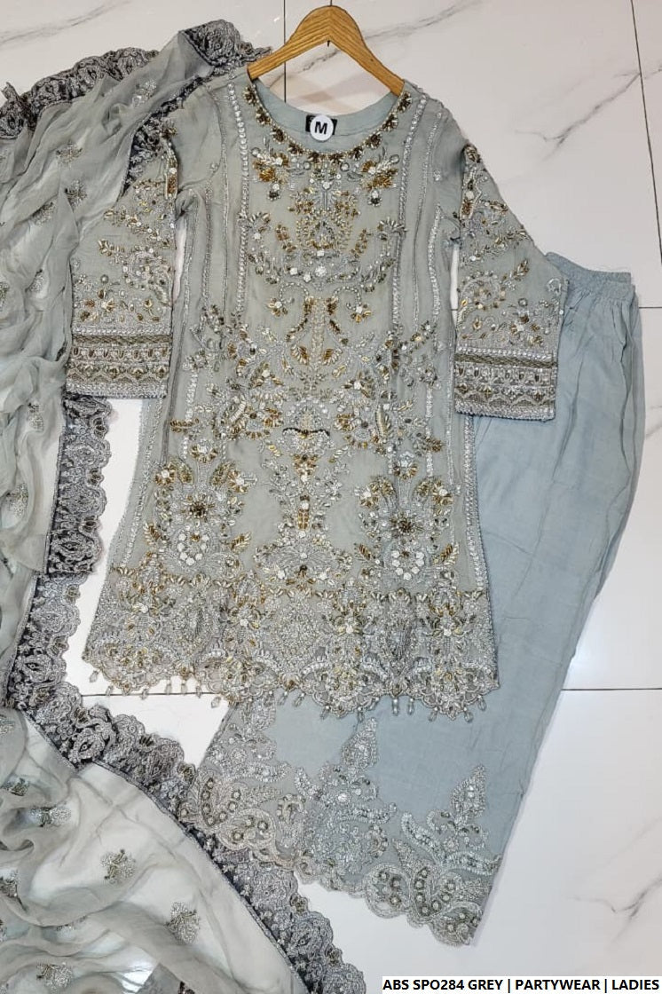 Chiffon straight shirt plazo grey - Pakistani women's party wear with viscose plazo and chiffon dupatta front view