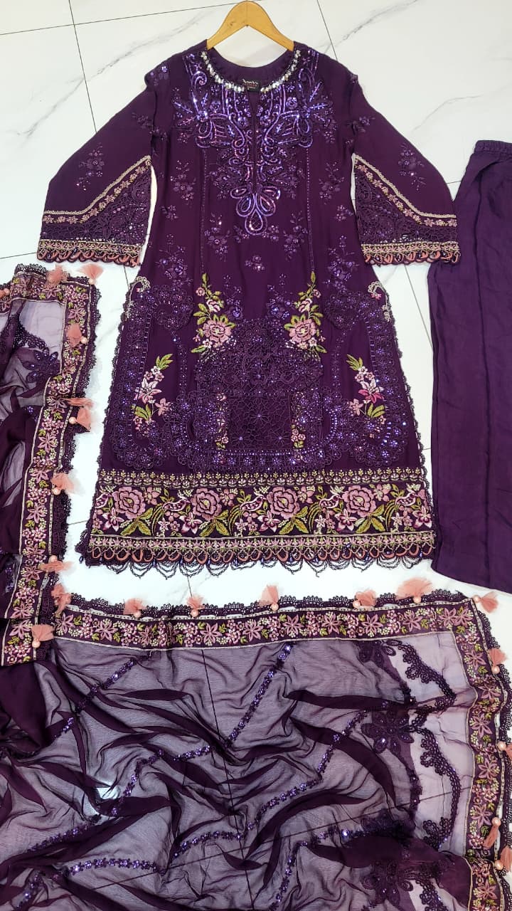 Pakistani women's dark purple organza A-Line shirt full view
