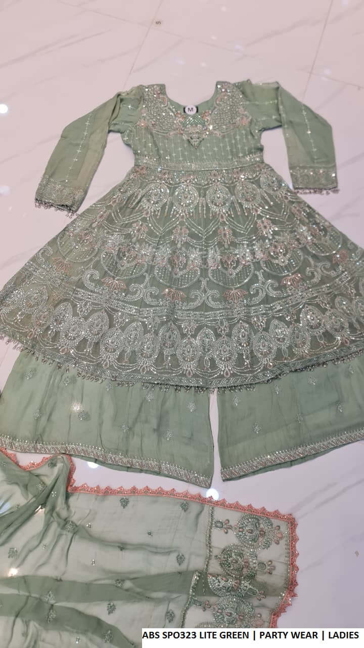 Pakistani women's light green chiffon straight shirt plazo back view
