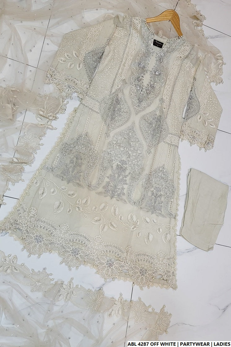 Pakistani women's off white organza A-Line shirt full view