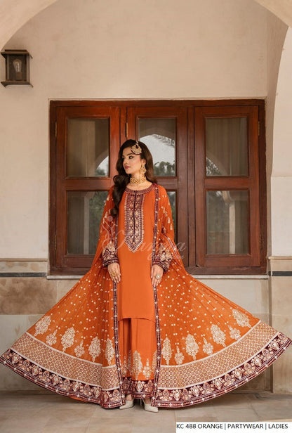 Pakistani women's orange silk long kaftan plazo full view