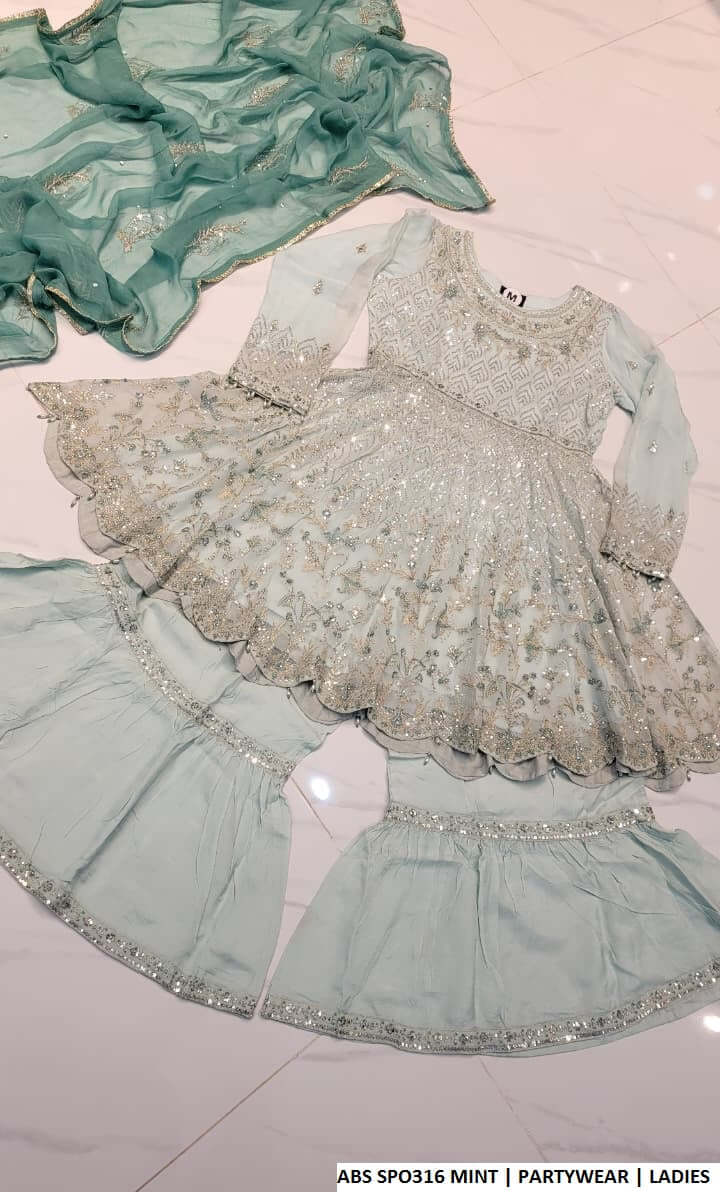 Pakistani women's mint chiffon straight shirt plazo back view