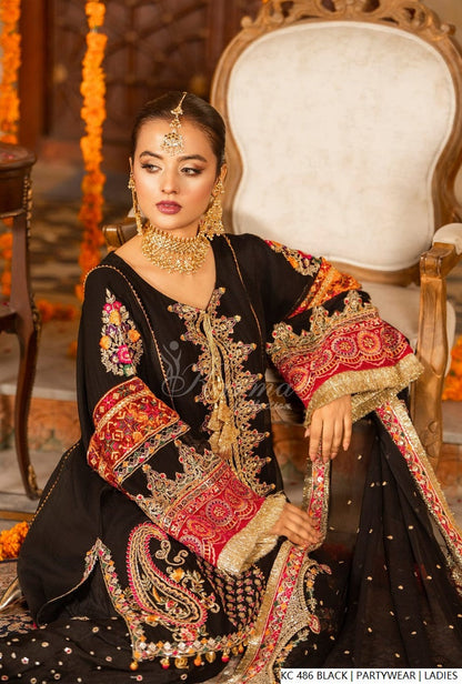 Pakistani women's black silk long kaftan plazo full view