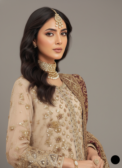 ABL 4110 SKIN Pakistani women's Net open cut shirt with soft net plazo back view