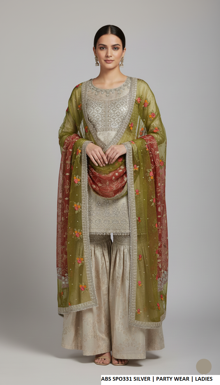 Chiffon straight shirt plazo silver - Pakistani women's party wear with grip plazo and organza dupatta front view