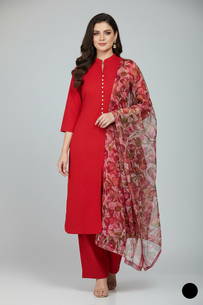 Lawn A-Line shirt red - Pakistani women's casual summer outfit with cotton trouser and lawn dupatta front view