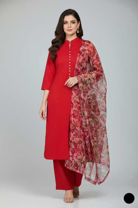 Lawn A-Line shirt red - Pakistani women's casual summer outfit with cotton trouser and lawn dupatta front view