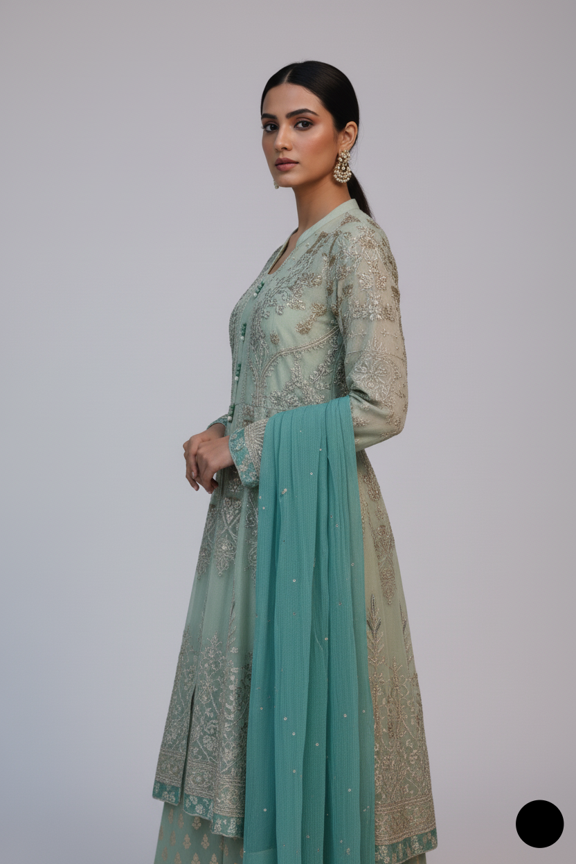 ABS 3029 Pakistani women's chiffon open gown detail view