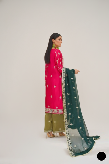 Pakistani women's shocking pink silk straight shirt back view