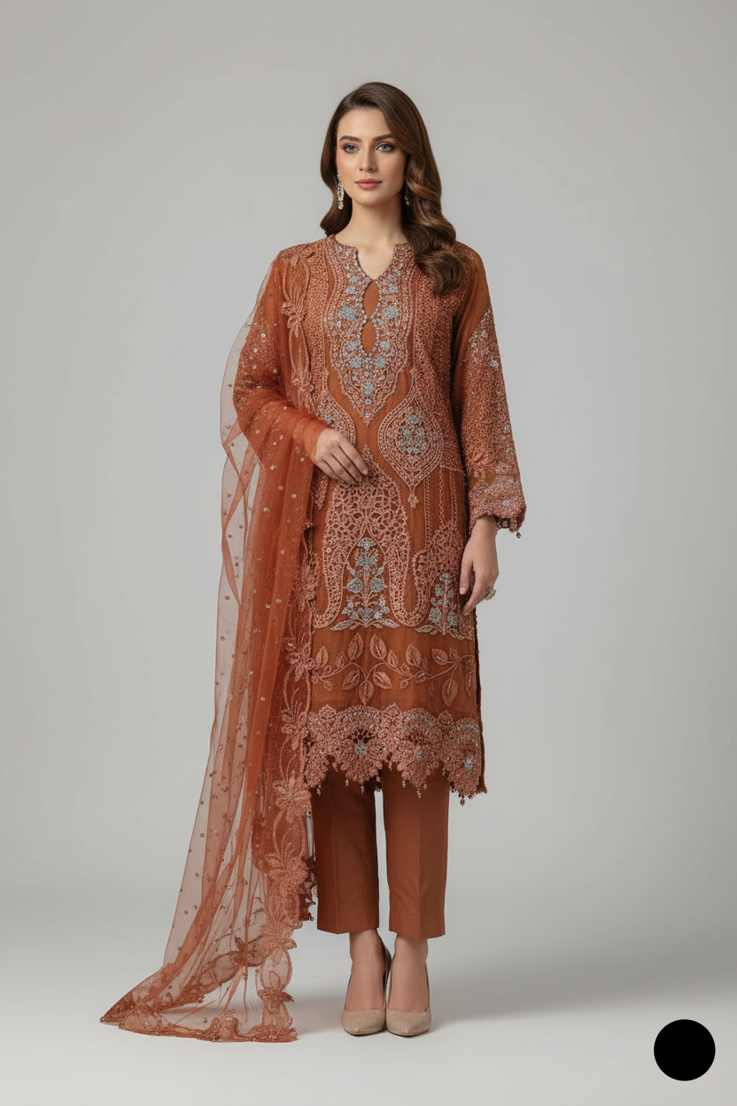 Organza A-Line shirt rust - Pakistani women's elegant formal wear with viscose trouser and organza dupatta front view