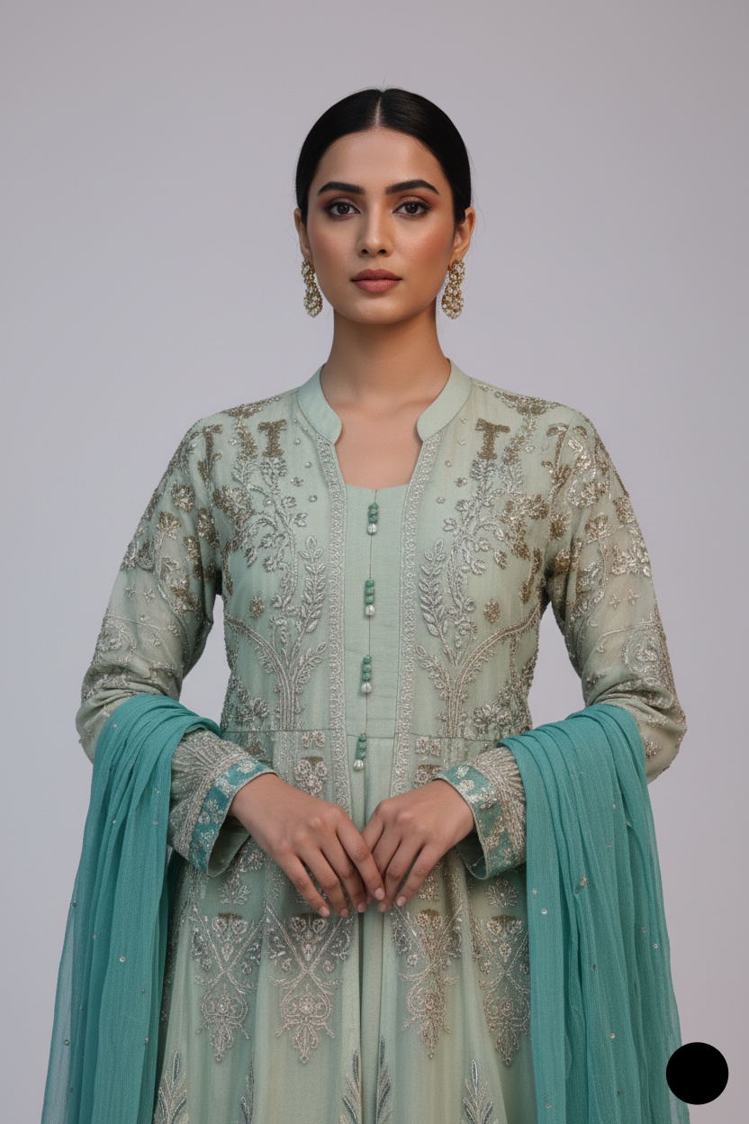 ABS 3029 chiffon Pakistani women's open gown style outfit side view