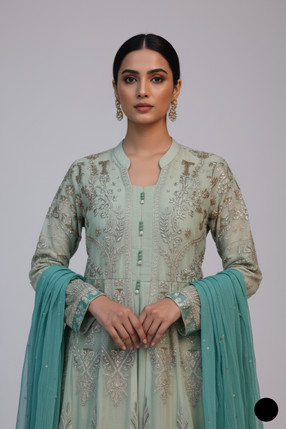 ABS 3029 chiffon Pakistani women's open gown style outfit side view